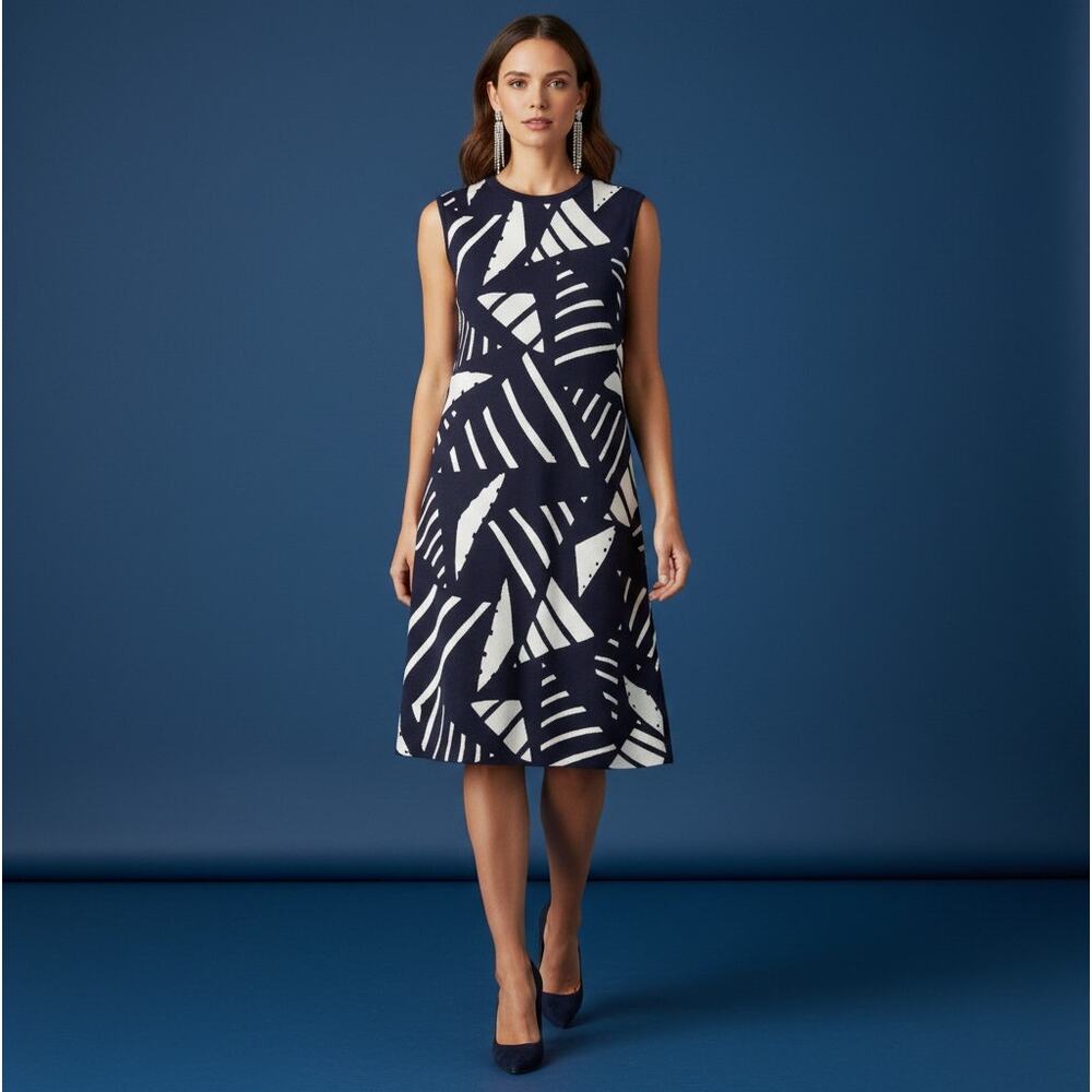 Lauren Ralph Lauren Navy Shift Dress L Geometric Print Officecore - Picture 1 of 15